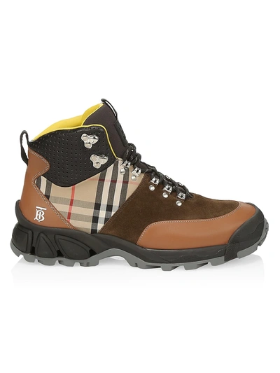 Shop Burberry Mixed-media Vintage Check Hiking Boots In Archive Beige