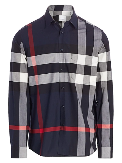 Shop Burberry Simpson Stretch Cotton Check Shirt In Navy