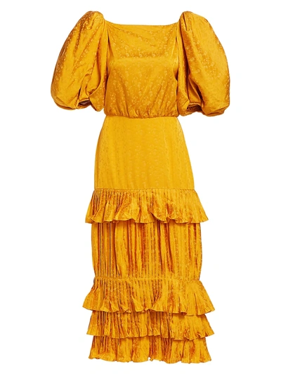 Shop Johanna Ortiz Women's Isolated Treasure Floral Jacquard Puff-sleeve Ruffle Plissé Midi Sheath Dress In Fresh Lemonade
