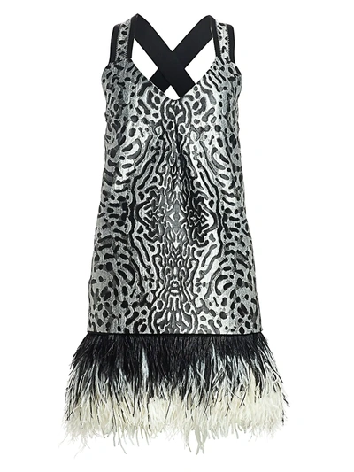 Shop Proenza Schouler Women's Sleeveless Feather-trim Printed Jacquard Mini Dress In Black White