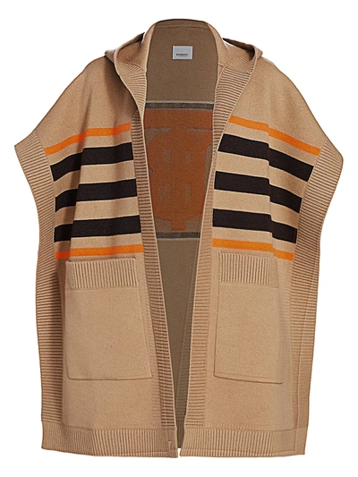 Shop Burberry Carla Tb Monogram Wool & Cashmere-blend Striped Cape Cardigan In Archive Beige