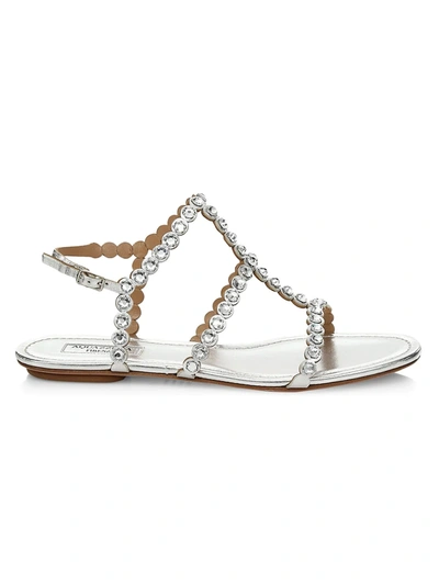 Shop Aquazzura Women's Tequila Crystal-embellished Metallic Leather Flat Sandals In Silver