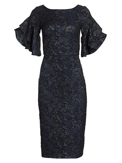 Shop Theia Ruffle-sleeve Cloqué Cocktail Dress In Midnight