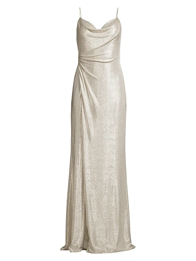 Shop Aidan Mattox Women's Cowlneck Foiled Jersey Gown In Champagne Silver