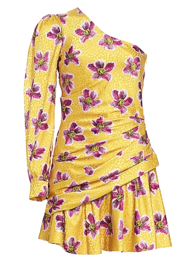 Shop Borgo De Nor Women's Christina Floral One-sleeve Side Ruche Mini Dress In Rose Mustard