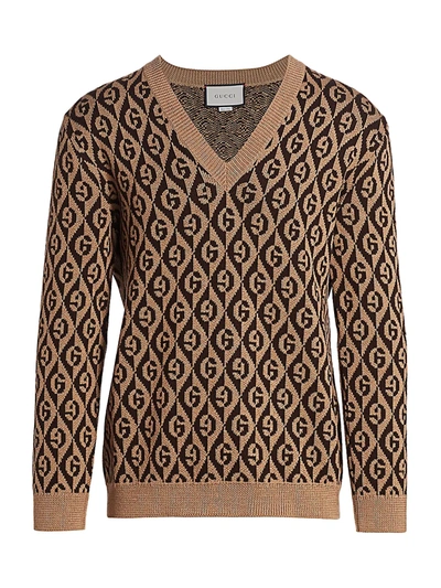 Shop Gucci Men's G Rhombus Jacquard V-neck Sweater In Camel Brown