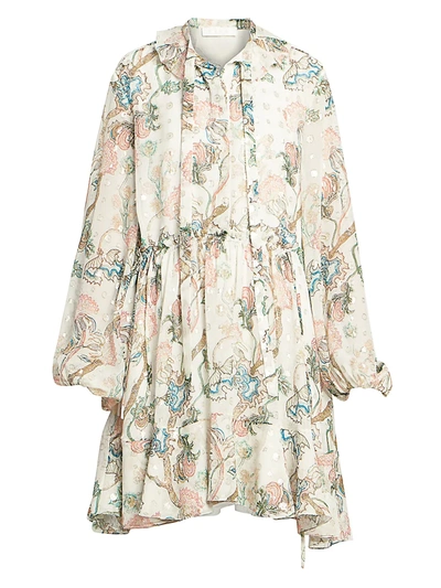 Shop Chloé Puff-sleeve Silk Floral Dress In Neutral