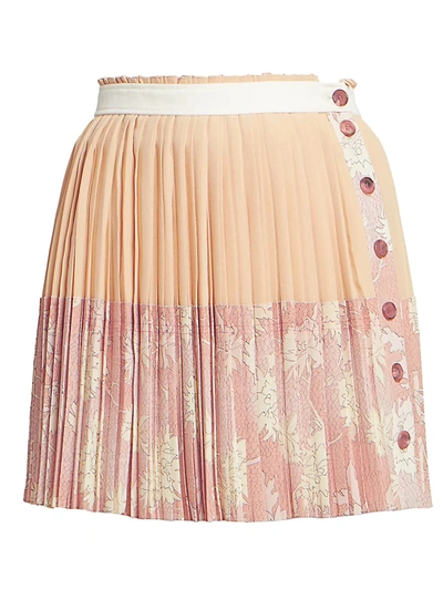 Shop Chloé Pleated Floral Button Silk Mini Skirt In Cloudy Rose