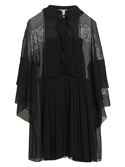Shop Chloé Women's Lace Detail Pleated Silk Dress In Black