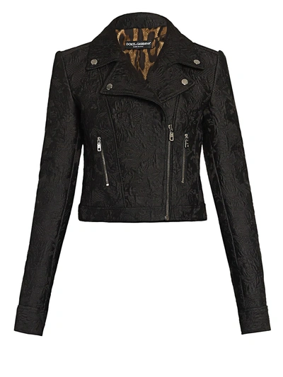 Shop Dolce & Gabbana Women's Cropped Jacquard Moto Jacket In Black