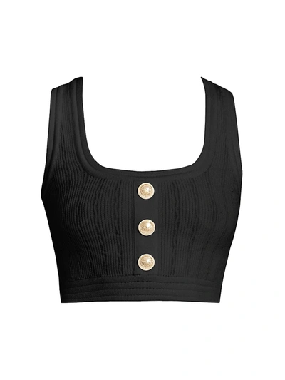 Shop Balmain Women's Button-trimmed Ribbed Crop Top In Black