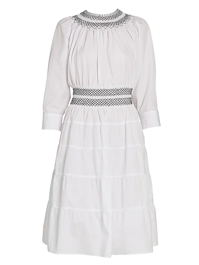 Shop Prada Women's Smocked Cotton Poplin Midi Dress In White Black