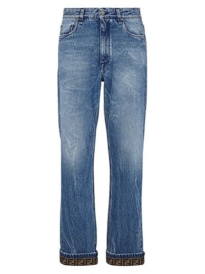 Shop Fendi Turn Up Ff Straight Leg Jeans In Dark Blue