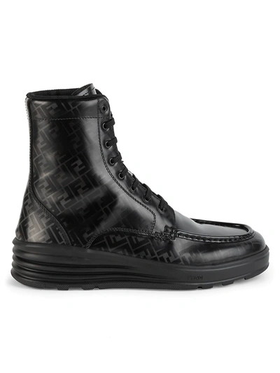Shop Fendi Men's Ff Logo Leather Combat Boots In Black