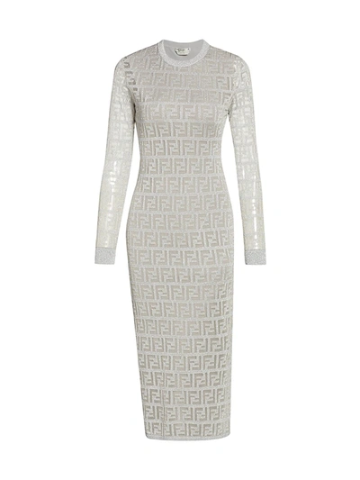 Shop Fendi Ff Metallic Logo Knit Midi Dress In Silver