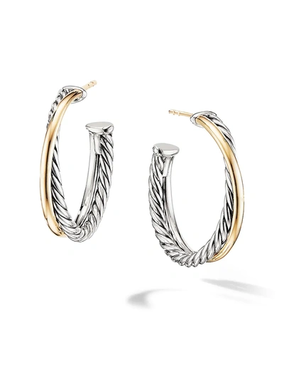 Shop David Yurman Women's Crossover Medium Hoop Earrings With 18k Yellow Gold In Silver