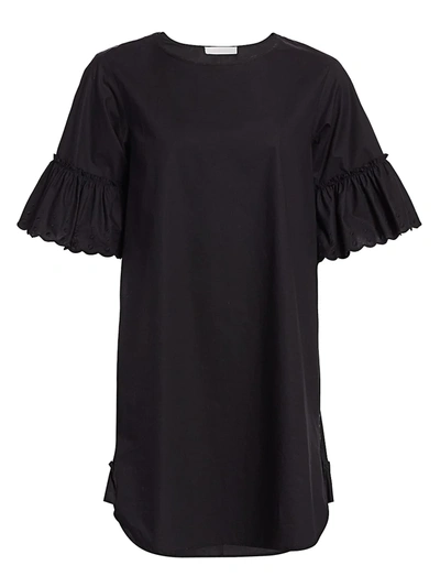 Shop See By Chloé Ruffle Lace Eyelet-sleeve Poplin Shift Dress In Black