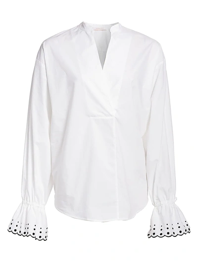 Shop See By Chloé Embroidered-cuff Poplin Top In White
