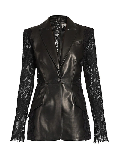 Shop Alexander Mcqueen Lace Sleeve Leather Blazer In Black