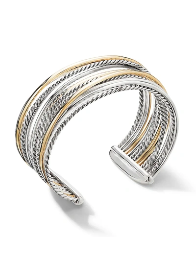Shop David Yurman Crossover Wide Cuff Bracelet With 18k Yellow Gold In Silver