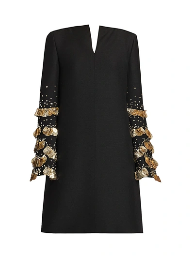 Shop Valentino Women's Crepe Couture Sequin Embroidered Shift Dress In Nero Oro