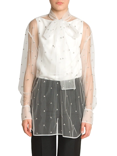Shop Valentino Women's Embellished Sheer Tulle Tieneck Blouse In Bianco Silver