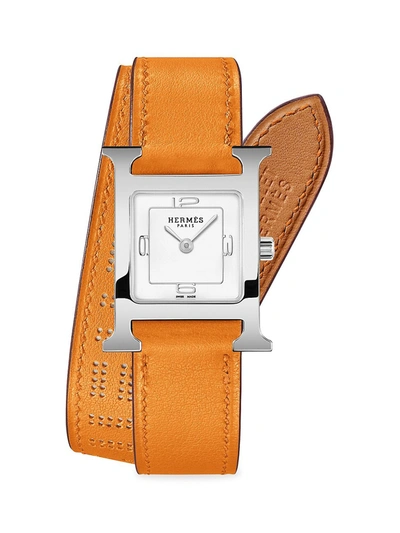 Shop Hermes Women's Heure H 25mm Stainless Steel & Leather Double-wrap Strap Watch In Orange