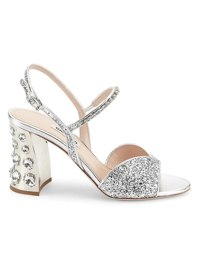 Shop Miu Miu Women's Jewelled Block-heel Glitter Slingback Sandals In Argento