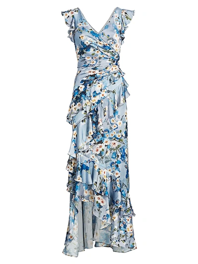 Shop Theia Printed V-neck Ruffle Gown In Blue