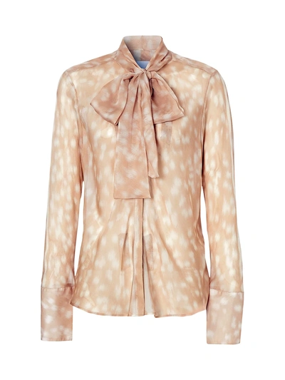 Shop Burberry Amelie Deer Print Pussybow Blouse In Soft Fawn