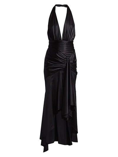 Shop Alexandre Vauthier Satin High-low Plunging Halter Gown In Black