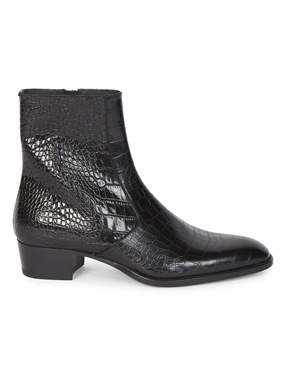 Shop Saint Laurent Wyatt Croc-embossed Leather Boots In Nero