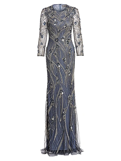 Shop Theia Long-sleeve Jewel-neck Embroidered Gown In Silver