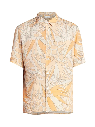 Shop Saint Laurent Men's Retro Floral Short-sleeve Shirt In Orange Taupe