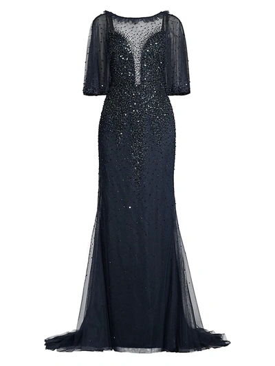 Shop Basix Black Label Beaded Illusion Gown In Navy