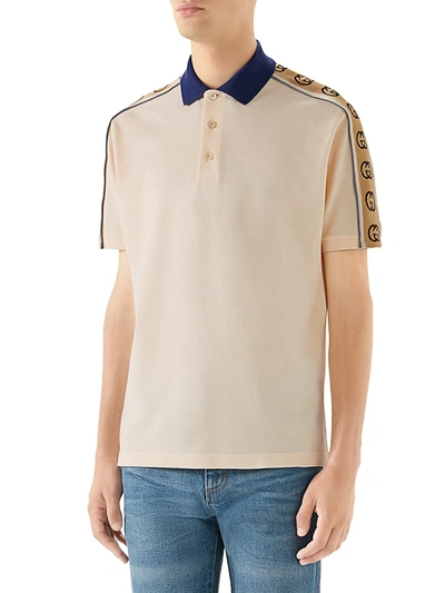 Shop Gucci Men's Interlocking G Stripe Polo In Bone Multi