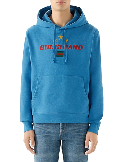 Shop Gucci Band Print Hooded Sweatshirt In Bluette