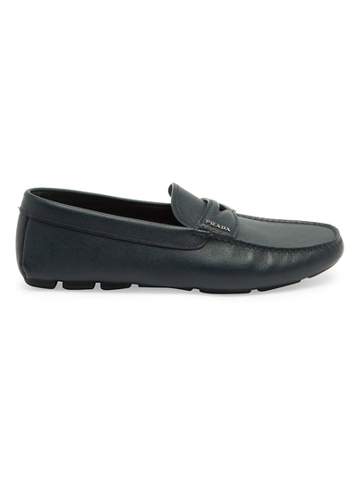 Shop Prada Men's Leather Penny Driving Loafers In Baltico
