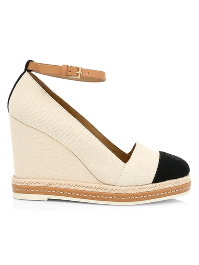 Shop Tory Burch Women's Cap-toe Leather-trimmed Espadrille Wedges In Cream Black