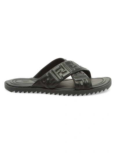 Shop Fendi Men's Ff Nappa Leather Slides In Nero