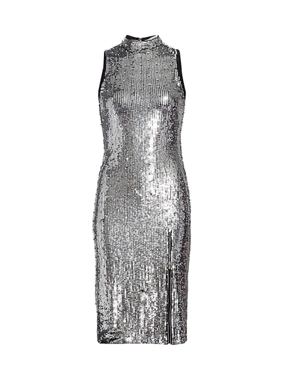Shop Alice And Olivia Malika Embellished Sequin Mockneck Dress In Silver