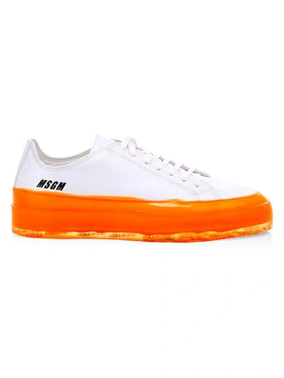 Shop Msgm Men's Contrast Sole Leather Low-top Sneakers In Orange
