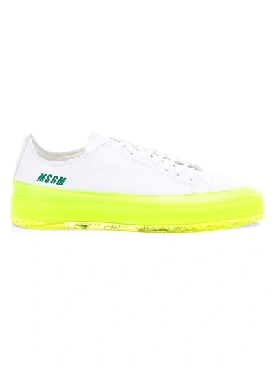 Shop Msgm Men's Neon Sole Leather Low-top Sneakers In Yellow