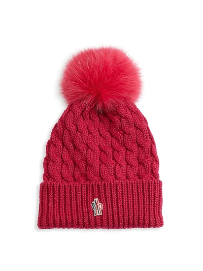 Shop Moncler Women's Cable-knit Wool Fox Fur Pom-pom Hat In Geranium