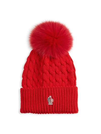 Shop Moncler Grenoble Cable-knit Wool Fox Fur Pom-pom Hat In Red