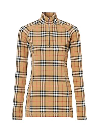 Shop Burberry Vilan Check Print Long Sleeve Jersey Top In Archive Beige