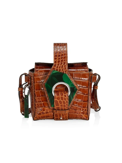 Shop Ganni Women's Micro Croc-embossed Leather Crossbody Box Bag In Cognac