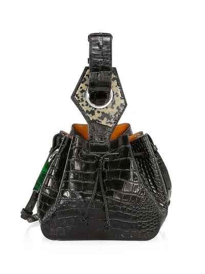 Shop Ganni Women's Small Croc-embossed Leather Bucket Bag In Black