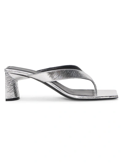 Shop Balenciaga Women's Double Square Metallic Leather Thong Sandals In Silver