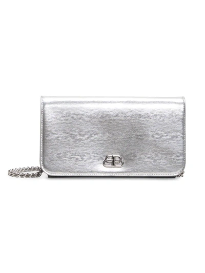 Shop Balenciaga Women's Bb Metallic Leather Phone-case-on-chain In Silver